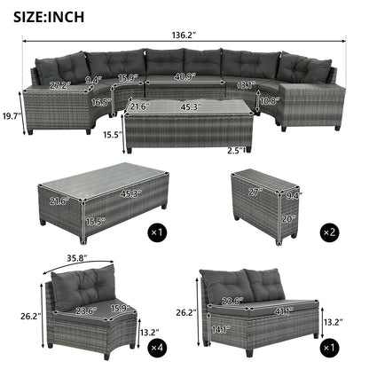 8 Piece Gray Wicker Outdoor Sofa Set Curved Sectional with Cushions