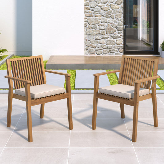 2-Piece Acacia Wood Patio Chairs - Beige Brown Weatherproof Seating Set for Outdoor