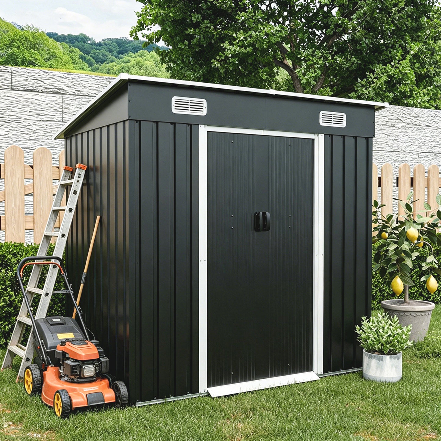 6x4ft Metal Shed, Sliding-Door Outdoor Storage Building with Ventilation Vents & Threshold,Galvanized Steel Shed for Garden, Yard(6.43*4 FT)