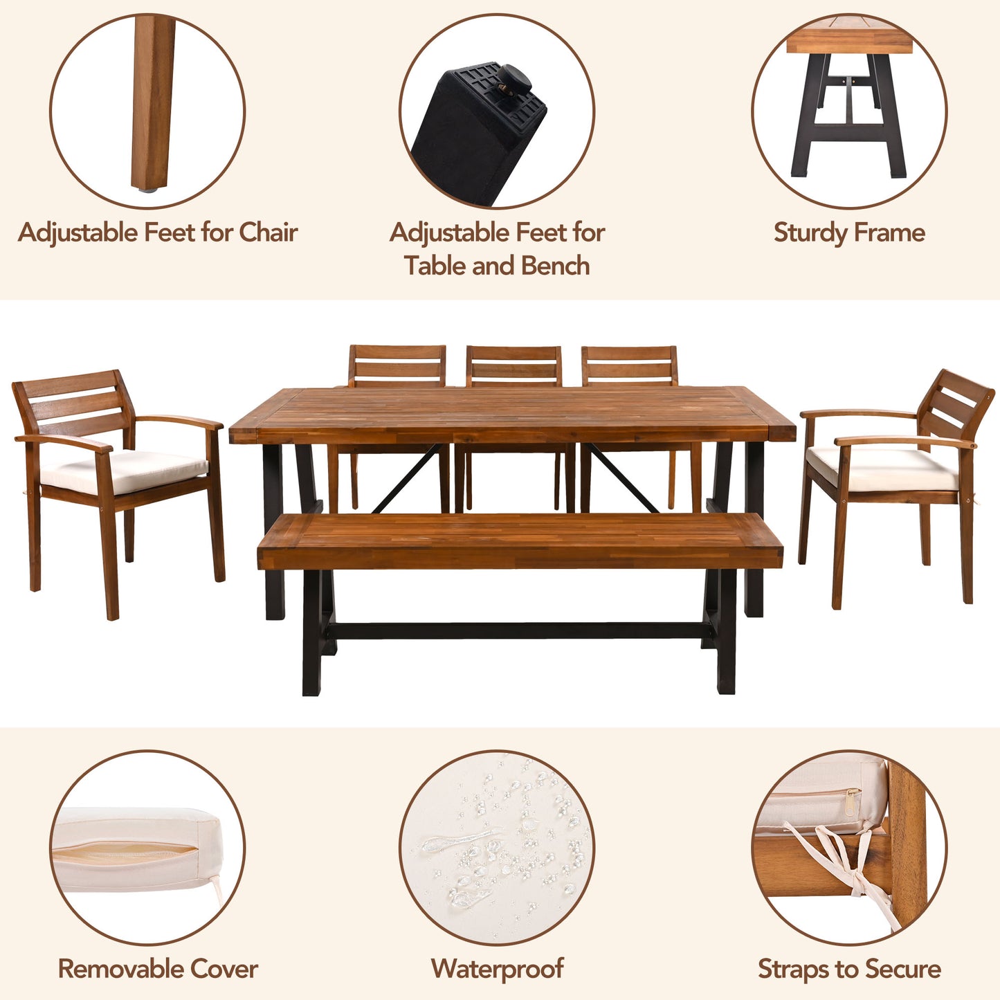 8 Person Acacia Wood Patio Dining Set Outdoor Furniture