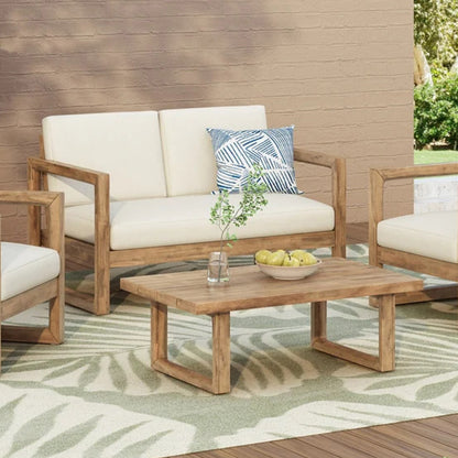 Acacia Wood Outdoor Loveseat and Coffee Table Set with Beige Cushions for Patio, Porch, Garden, and Balcony
