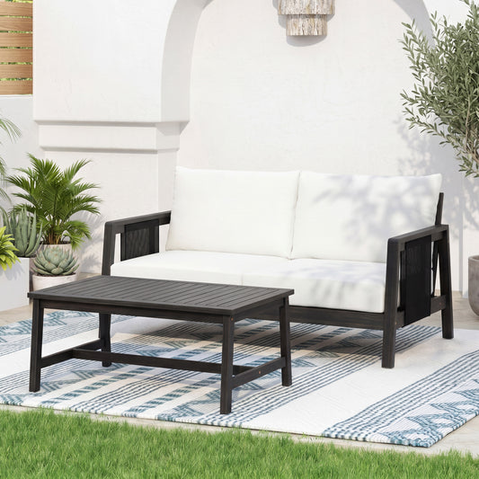 2-Piece Outdoor Loveseat and Coffee Table Set with Acacia Wood Frame and White Cushions