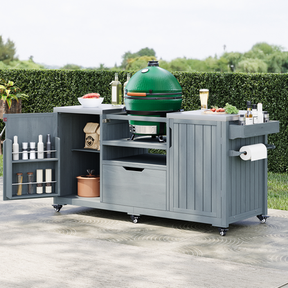 66.5-Inch Gray Blue Solid Wood Outdoor Grill Cart with Stainless Steel Top for Big Green Egg