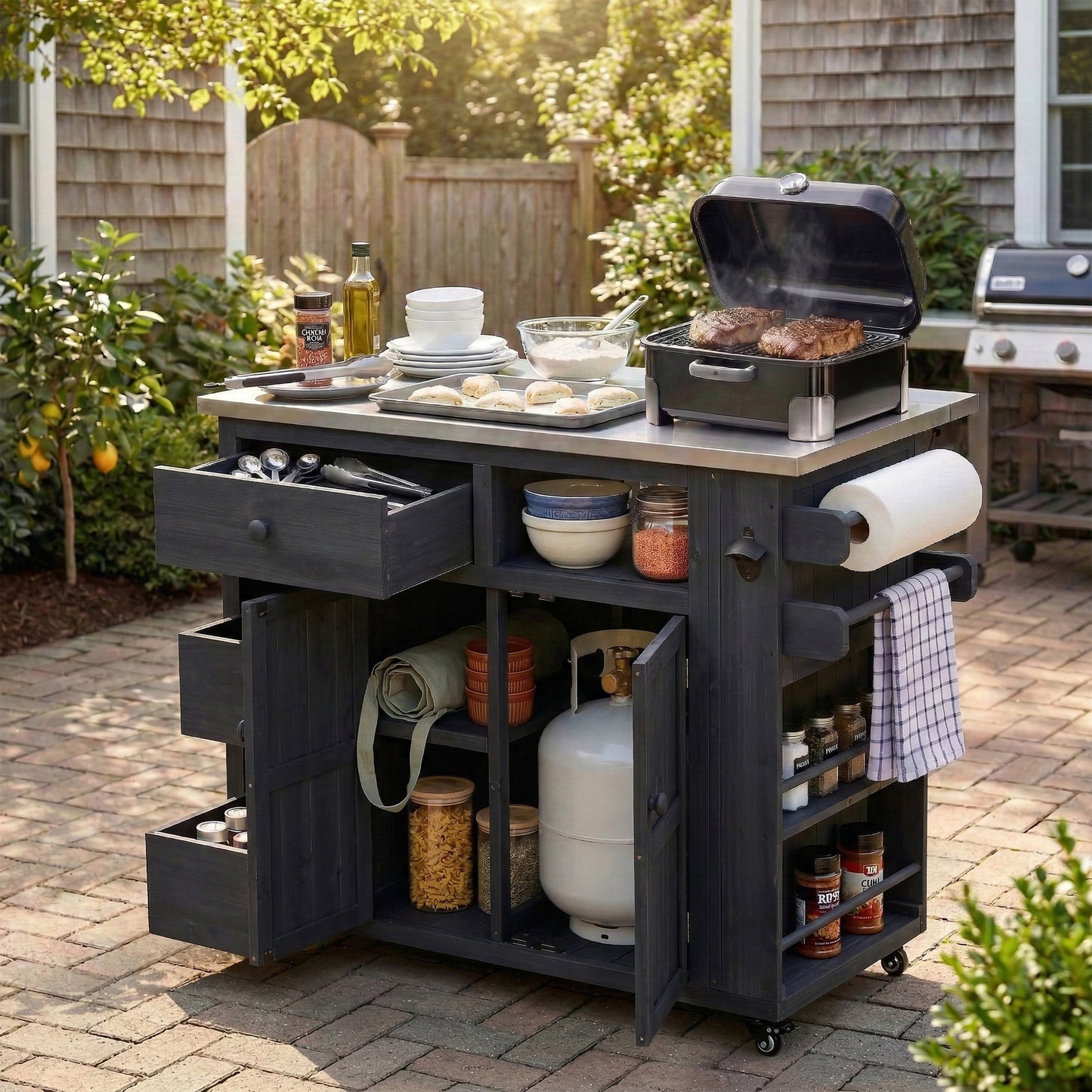 Black Solid Wood Outdoor Kitchen Island Grill Cart with Stainless Steel Top and Storage Drawers
