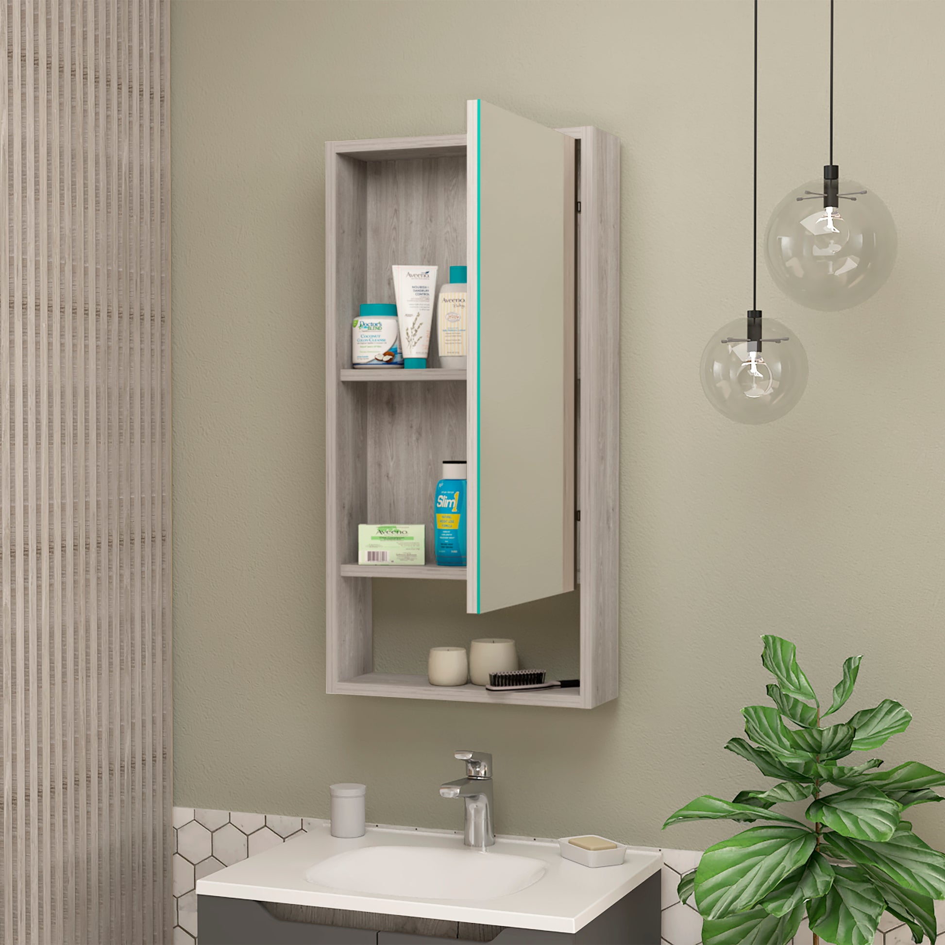 Light Gray Medicine Cabinet with Mirror - 27.3" Storage for Bathroom