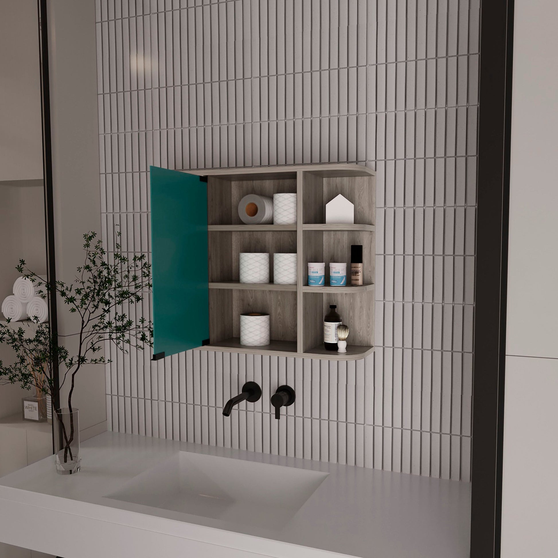 Light Gray 6 Shelf Bathroom Cabinet with Mirror