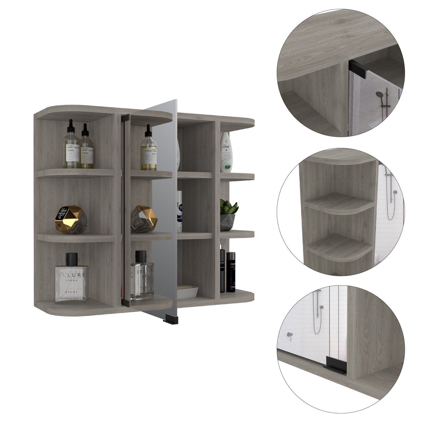 Light Gray 6 Shelf Bathroom Cabinet with Mirror
