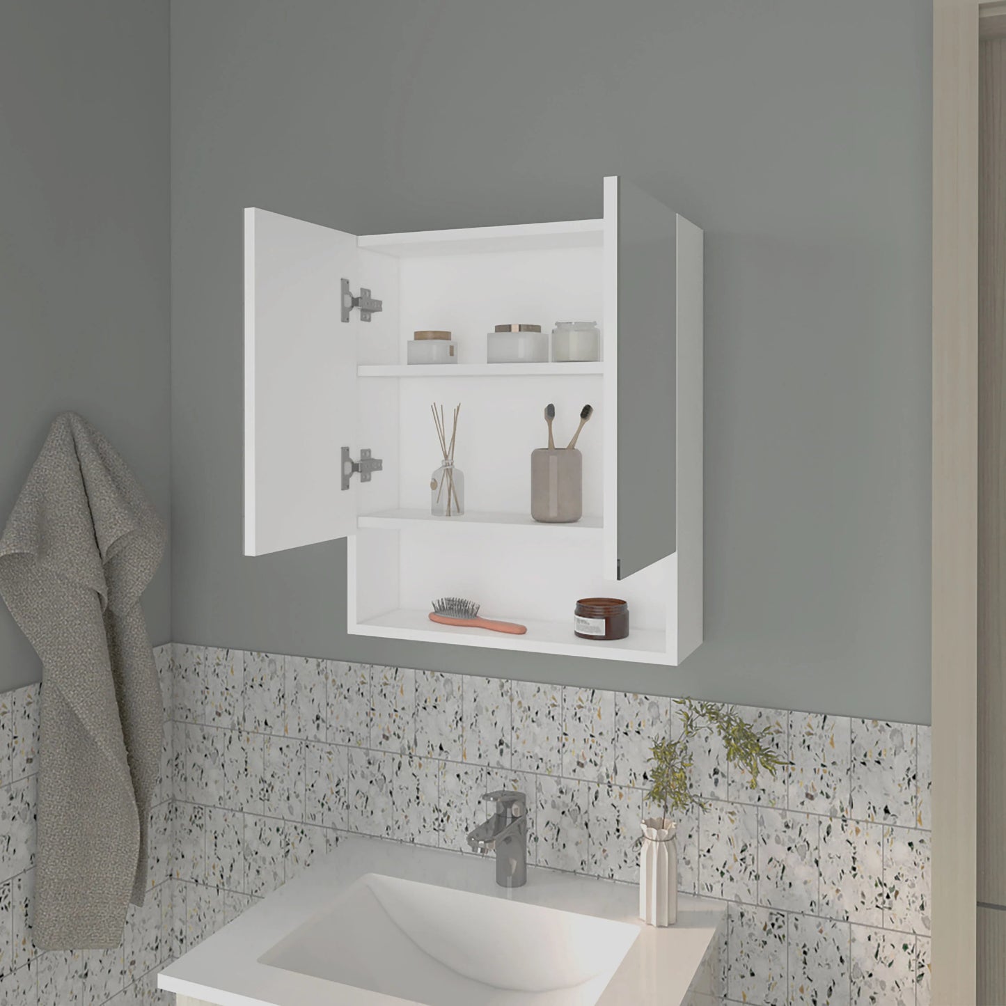White Wall Mounted Bathroom Storage Cabinet with Mirror