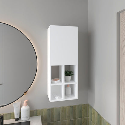White Wall-Mounted Bathroom Cabinet with Door and 4 Open Shelves