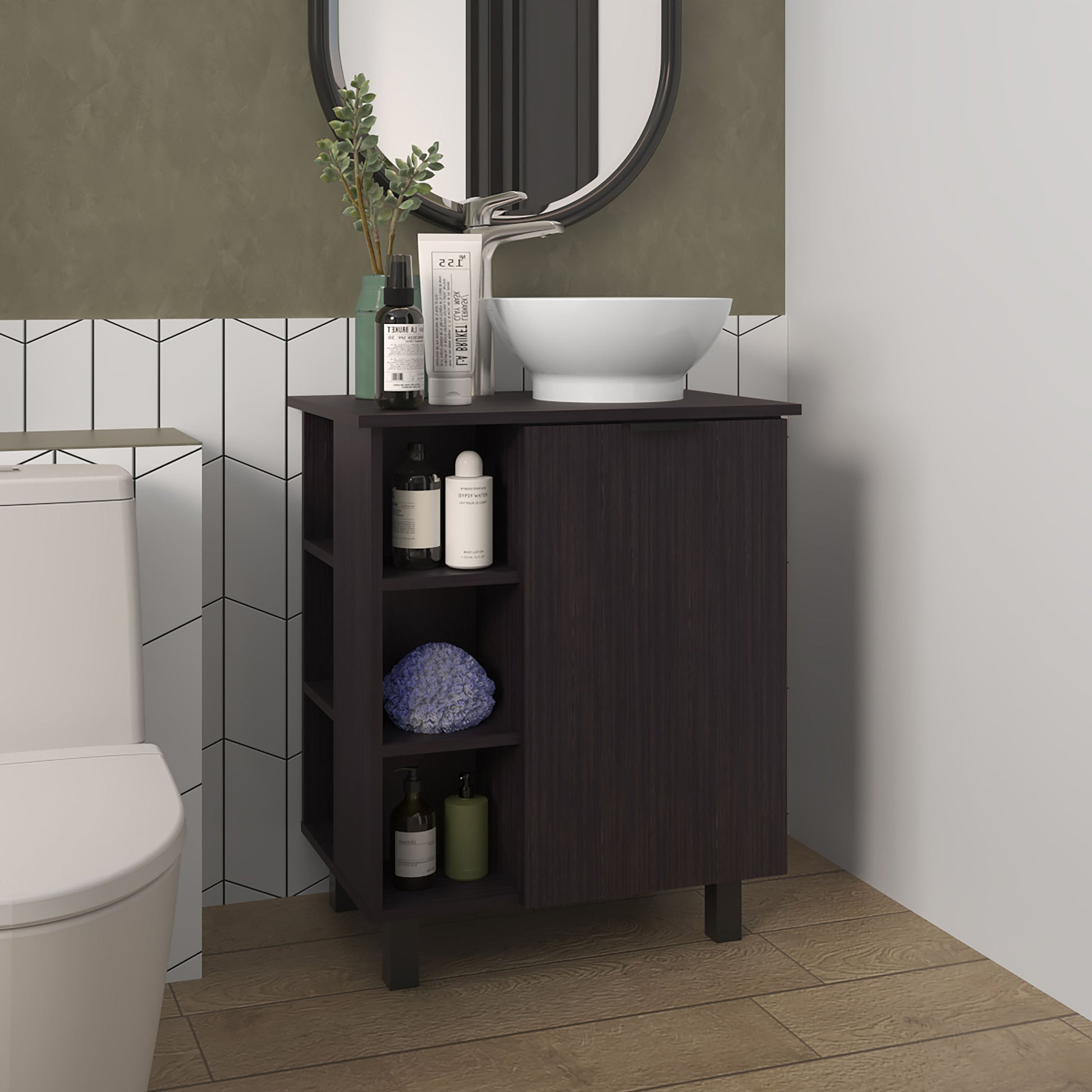 Wengue Bathroom Vanity with 1 Door and 8 Storage Shelf