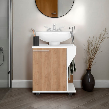 White and Natural Oak Under Sink with Storage Cabinet and Pedestal Sink