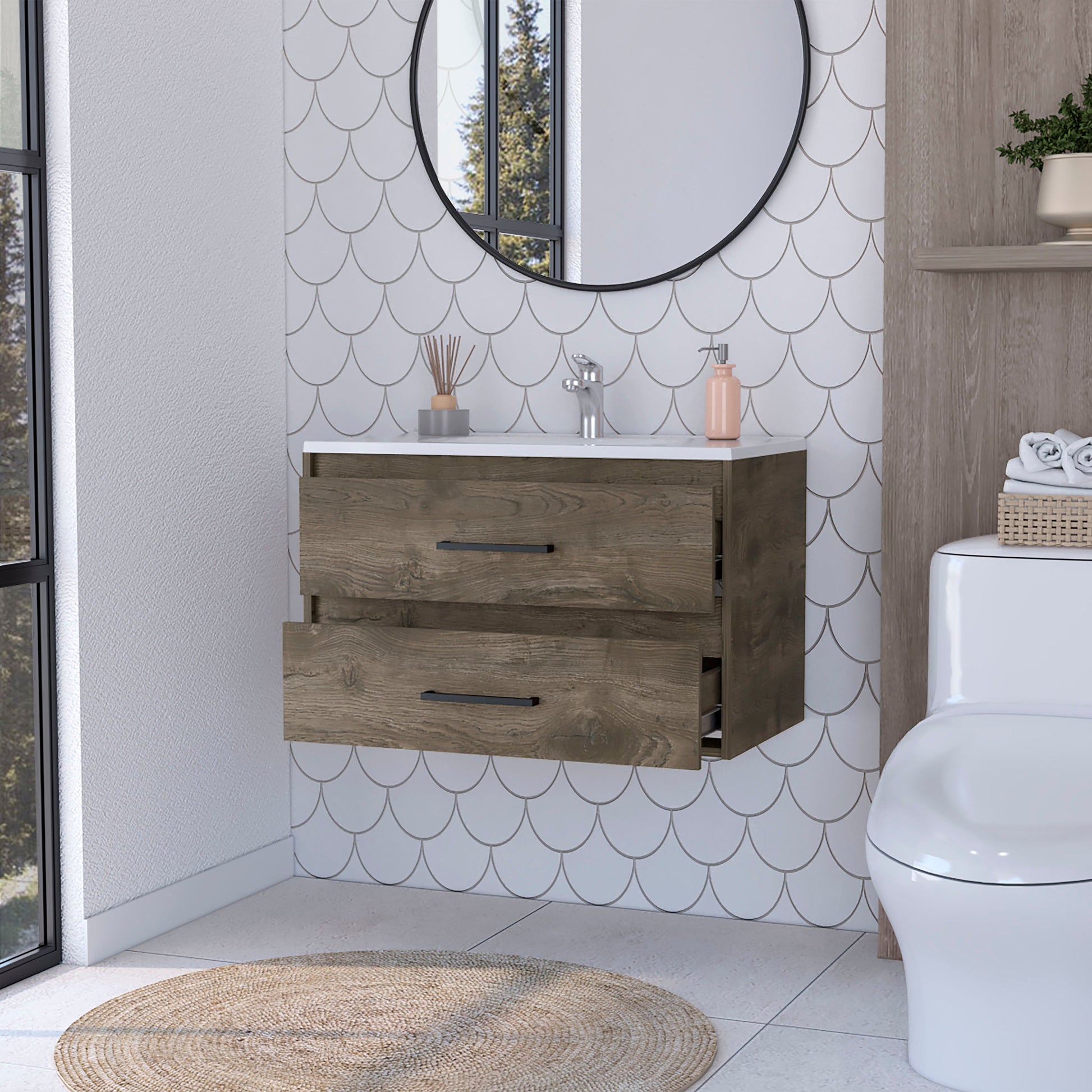 Dark Brown Wall Mounted Bathroom Vanity with 2 Drawers