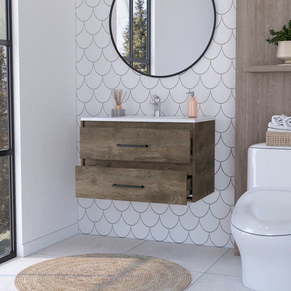 Dark Brown Wall Mounted Bathroom Vanity with 2 Drawers