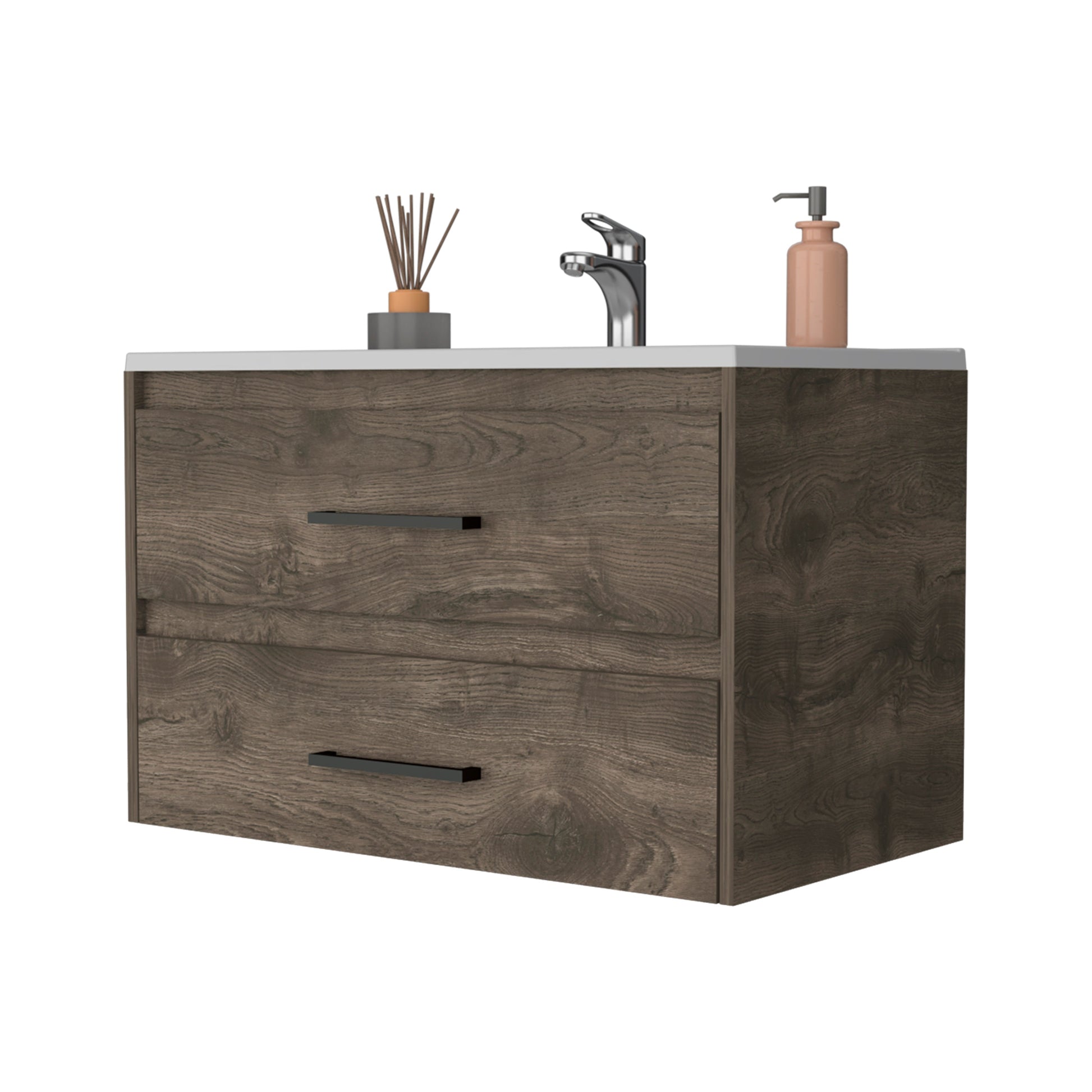 Dark Brown Wall Mounted Bathroom Vanity with 2 Drawers