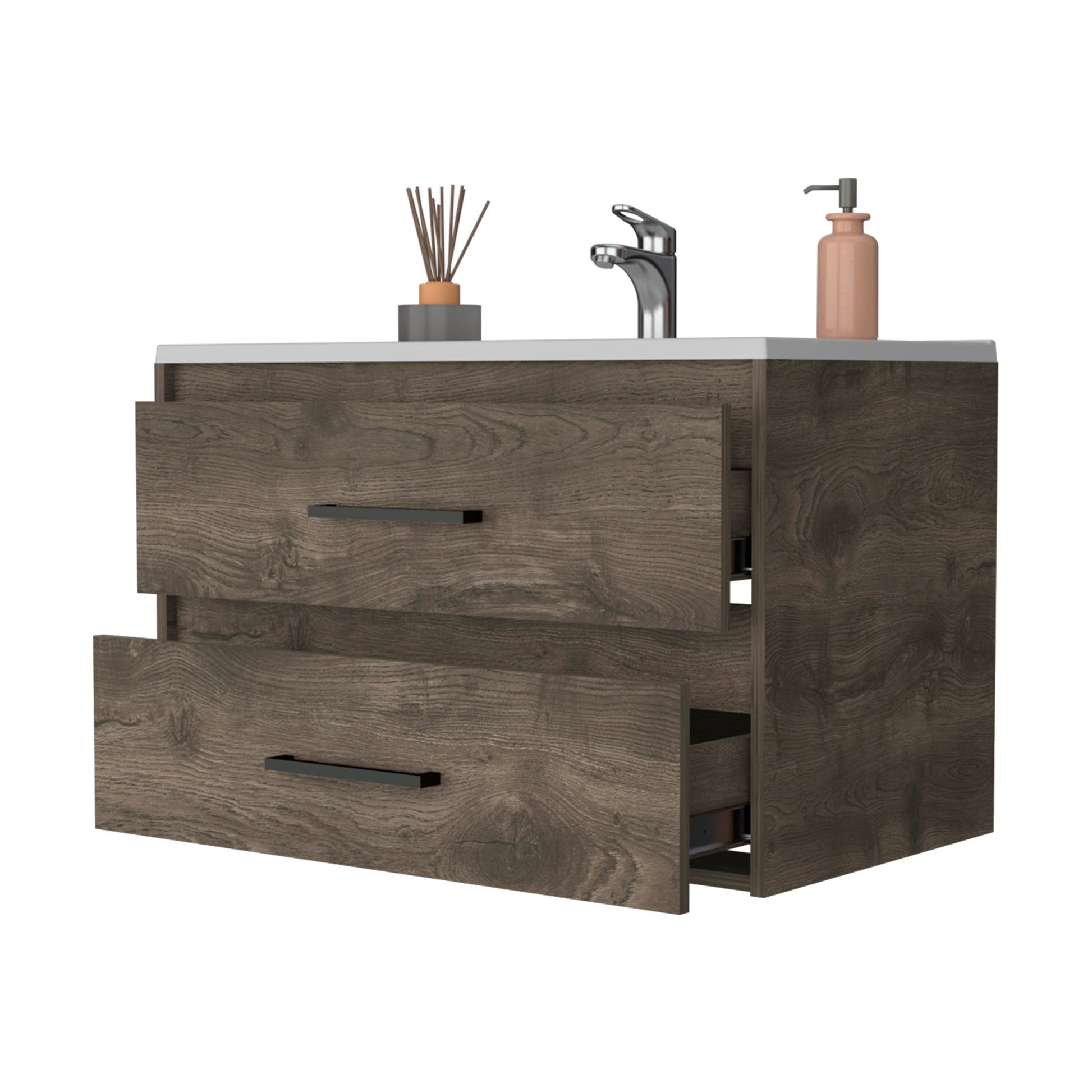 Dark Brown Wall Mounted Bathroom Vanity with 2 Drawers