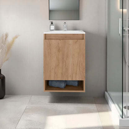 Natural Oak 2-Door Wall-Mounted Bathroom Vanity with Sink and Open Shelf