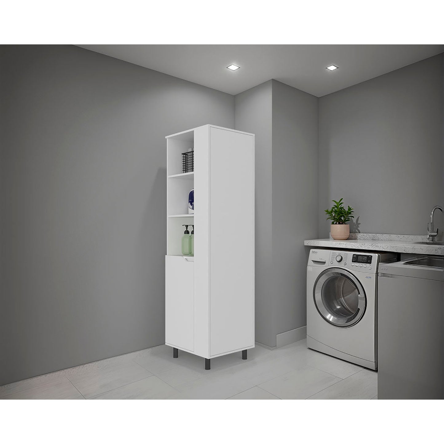 White Cleaning Supplies Cabinet with Shelf and Tall Door