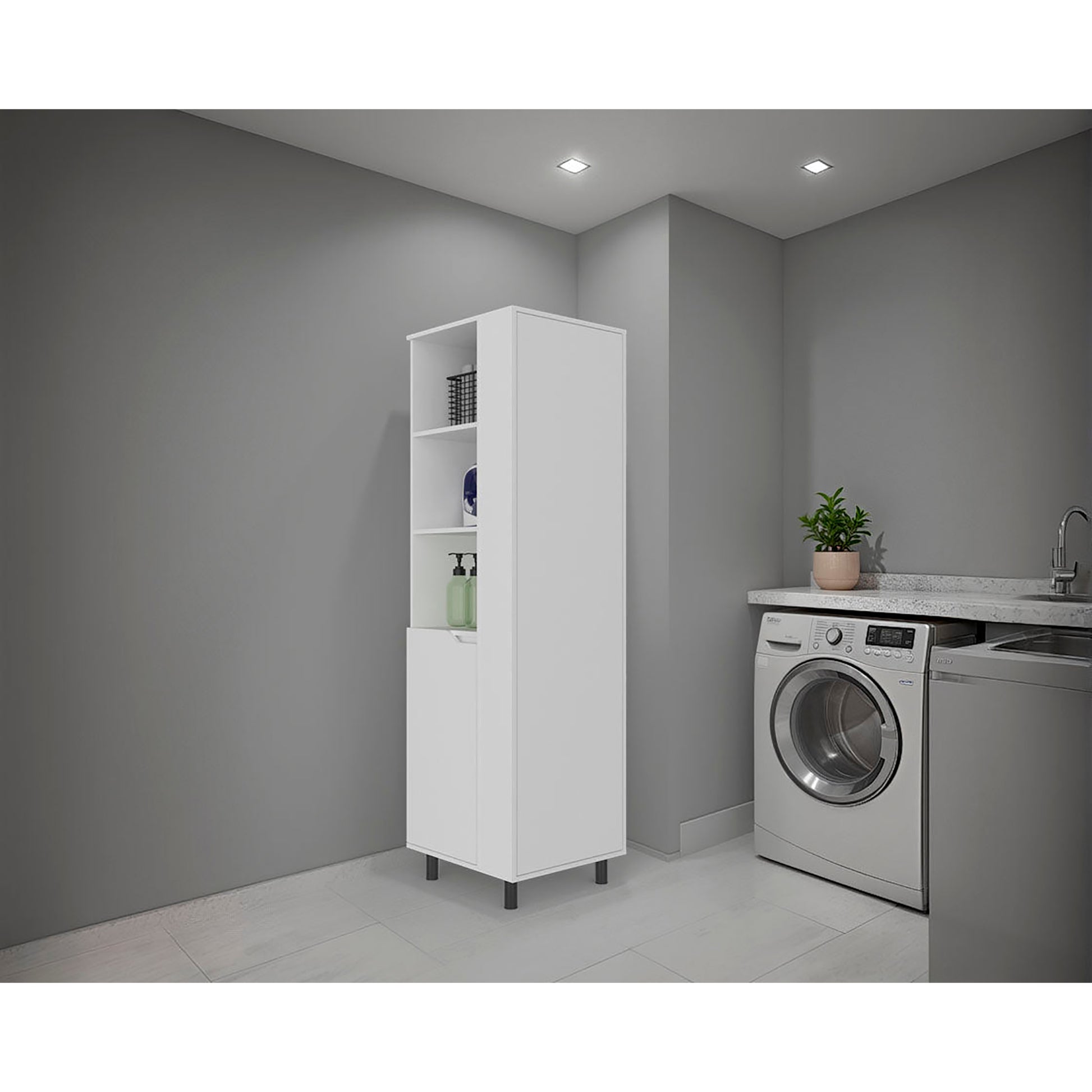 White Cleaning Supplies Cabinet with Shelf and Tall Door