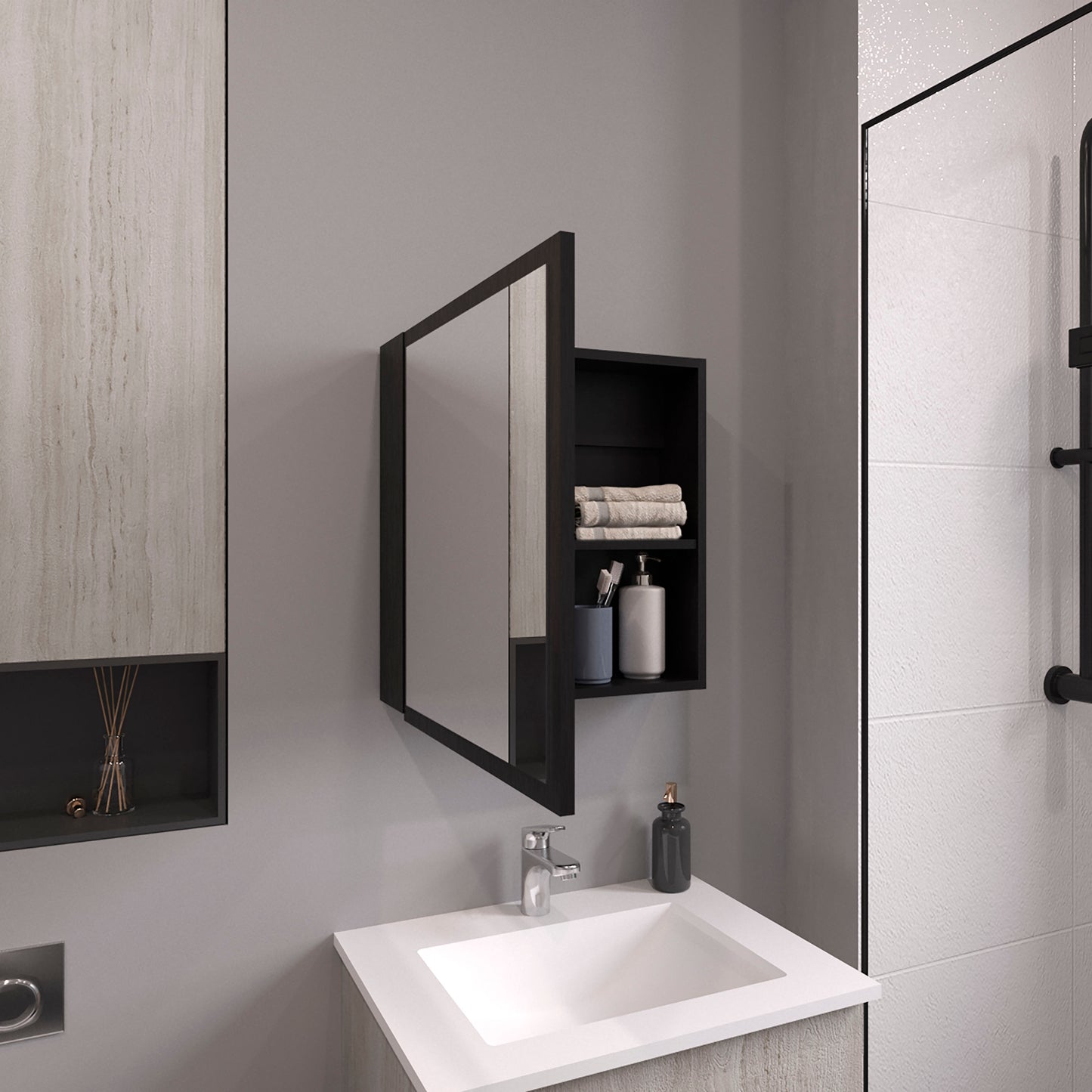Black Particle Board Medicine Cabinet for Bathroom Renovation Upgrade