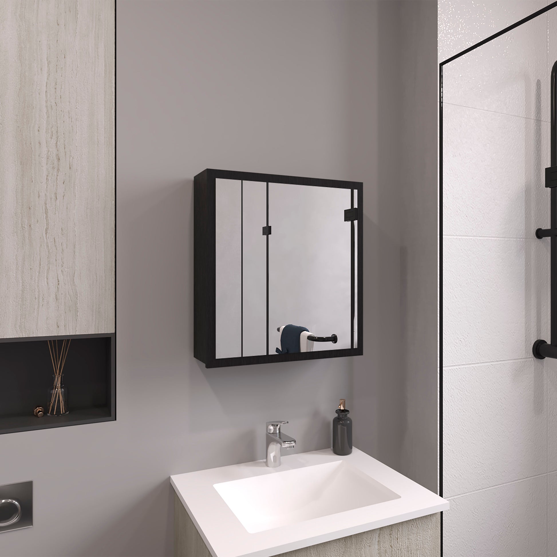 Duma 21.1" H x 19.7" W Mirror Medicine Cabinet, One door with Four interior Shelves for Bathroom, Kitchen Black