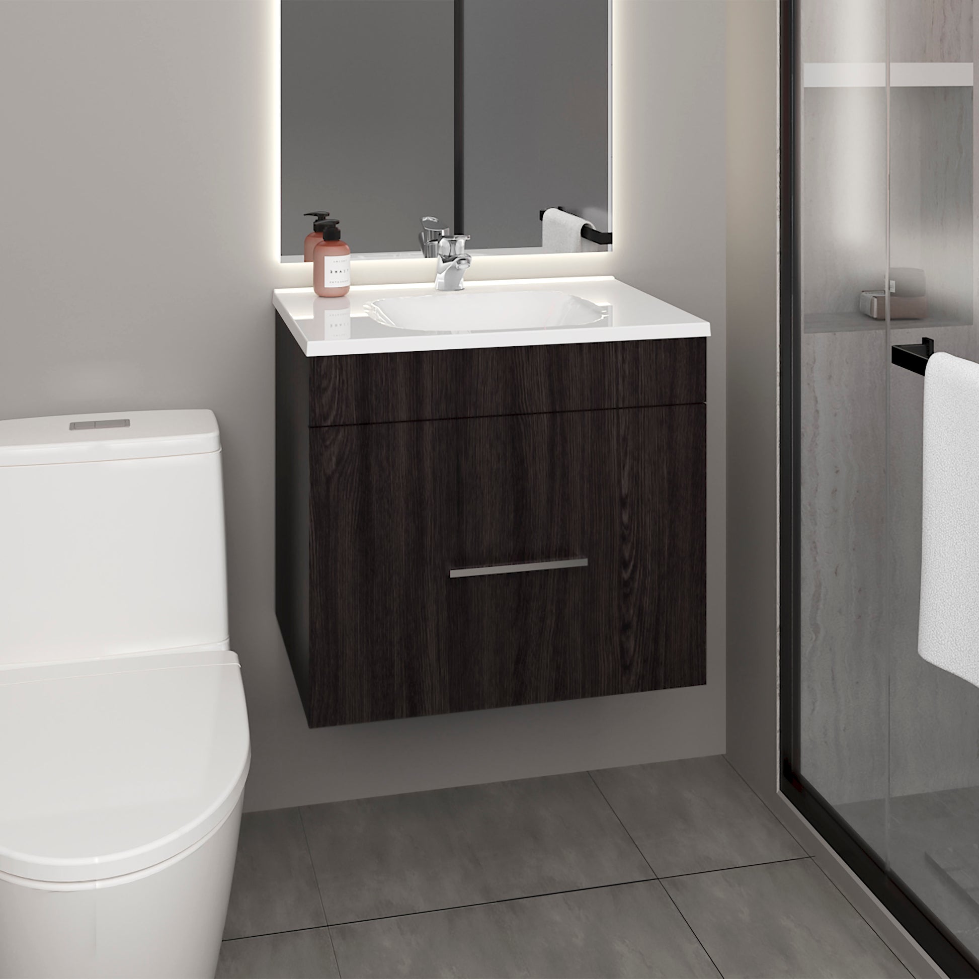 One door Batroom Vanity Hatta, Two Drawers and Open Shelf, Includes Hardware, Black