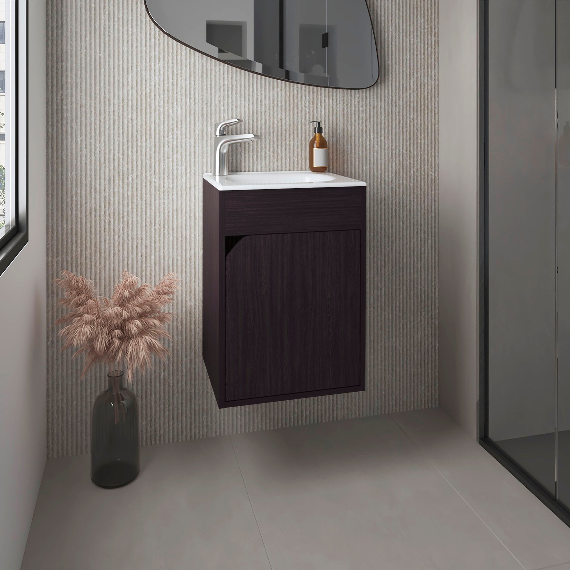 Bethel Floating Wide One-Door Vanity With Resin Sink And Two Shelves, Bathroom Storage, Black