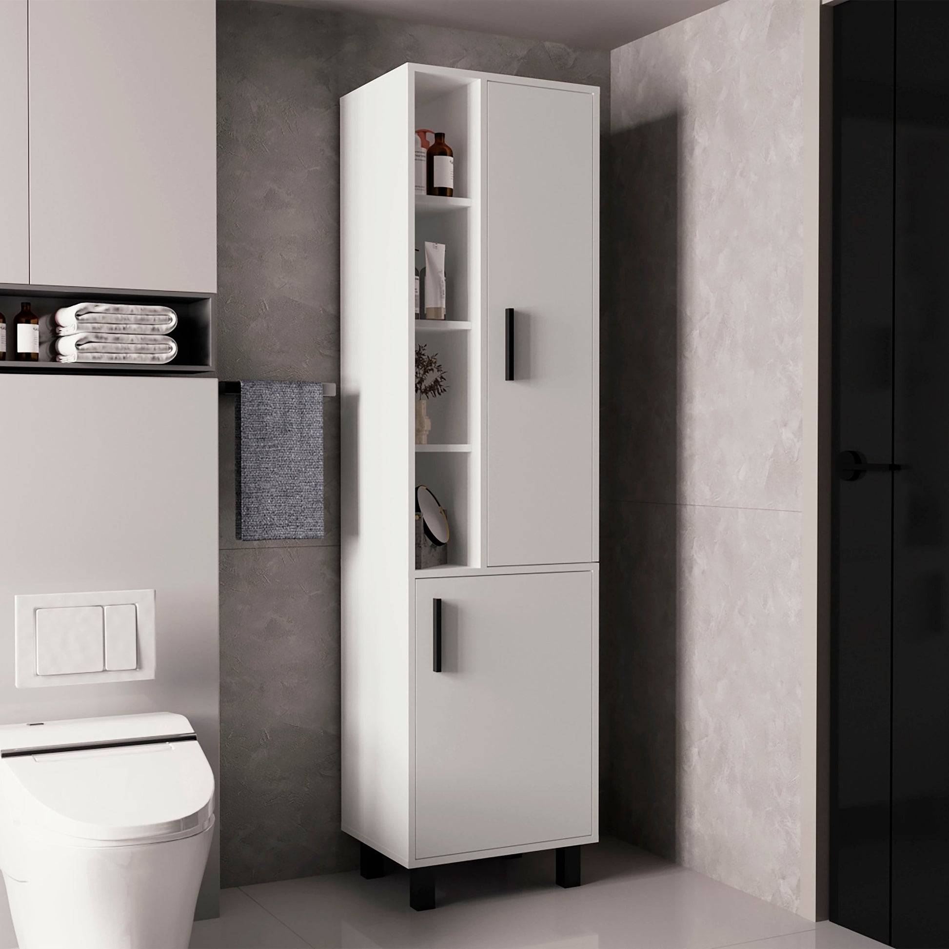 Stanton Tall Storage Cabinet With Two Doors And Three Open Shelves, White