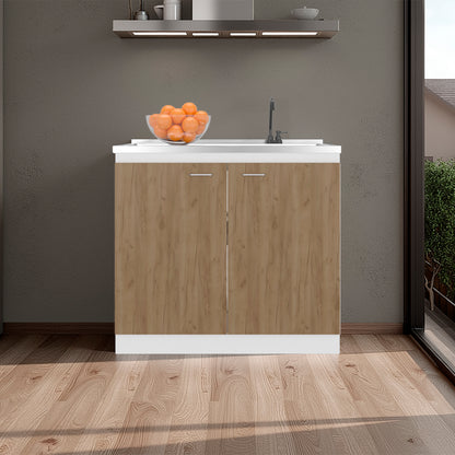 Napoles Utility Sink with Faucet Inclued and Integrated Stainless Steel Counter top, Freestanding cabinet with two doors, Metal Handles and Two interior shelves, Natural+White