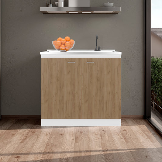 Napoles Utility Sink with Faucet Inclued and Integrated Stainless Steel Counter top, Freestanding cabinet with two doors, Metal Handles and Two interior shelves, Natural+White