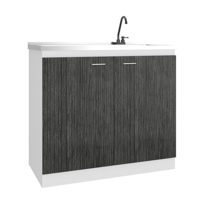Napoles Utility Sink with Faucet Inclued and Integrated Stainless Steel Counter top, Freestanding cabinet with two doors, Metal Handles and Two interior shelves, Gray+White