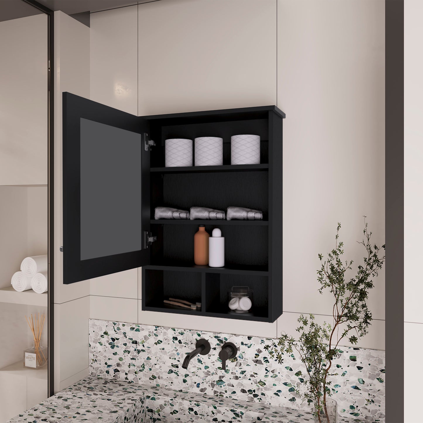 Black Bathroom Storage Cabinet with Mirror - 6.6 x 20.9 x 29"