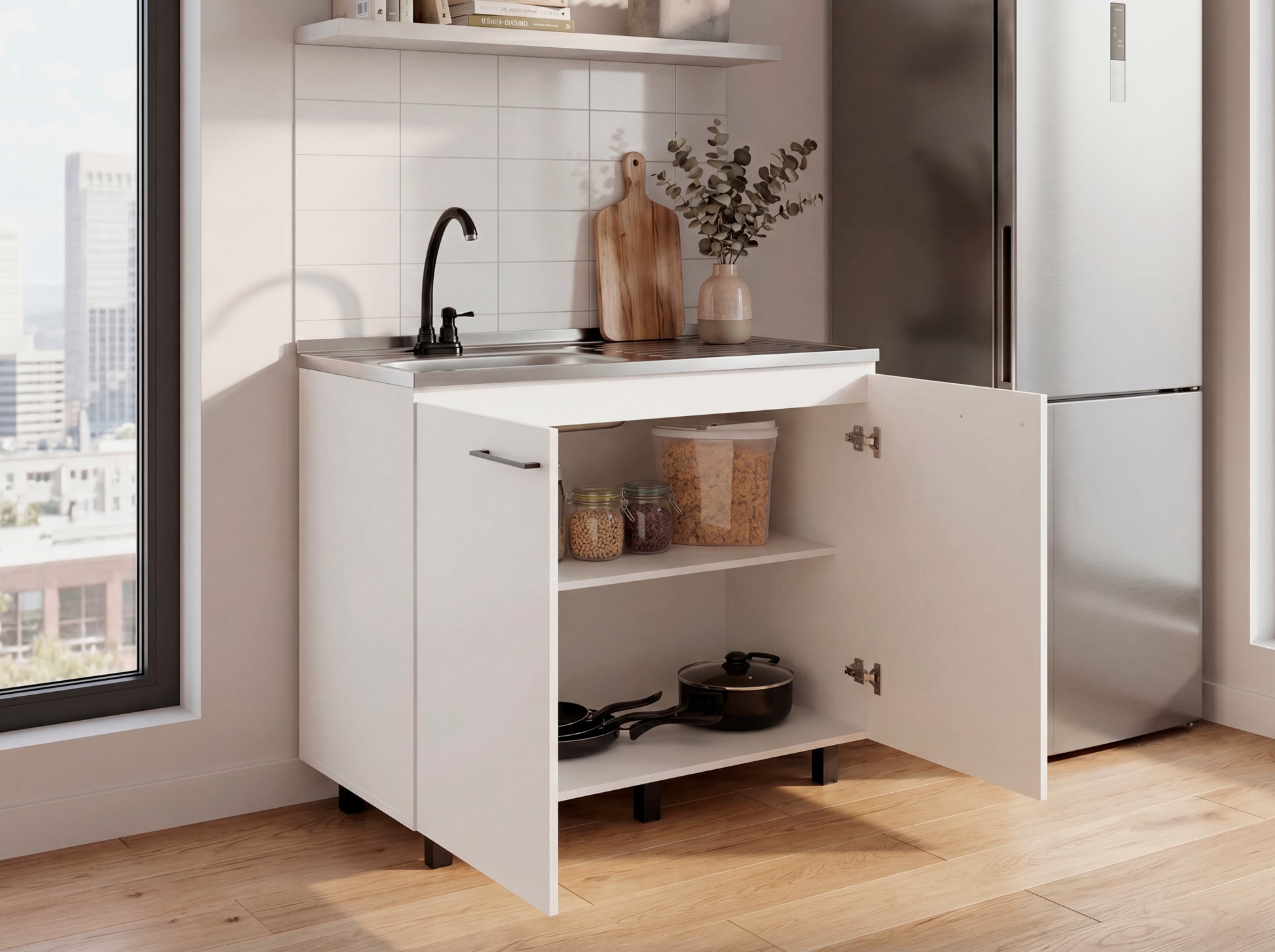 White Particle Board Utility Sink Cabinet for Kitchen Storage