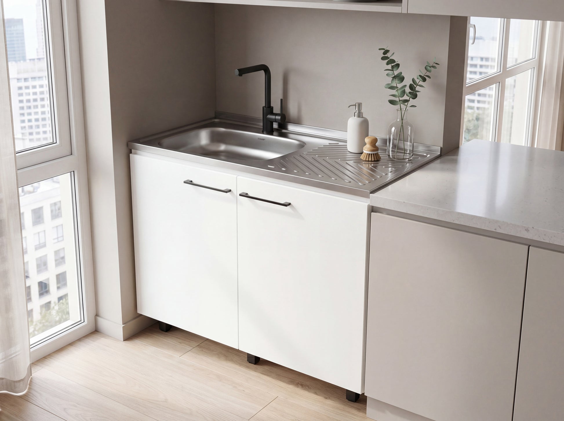 White Particle Board Utility Sink Cabinet for Kitchen Storage
