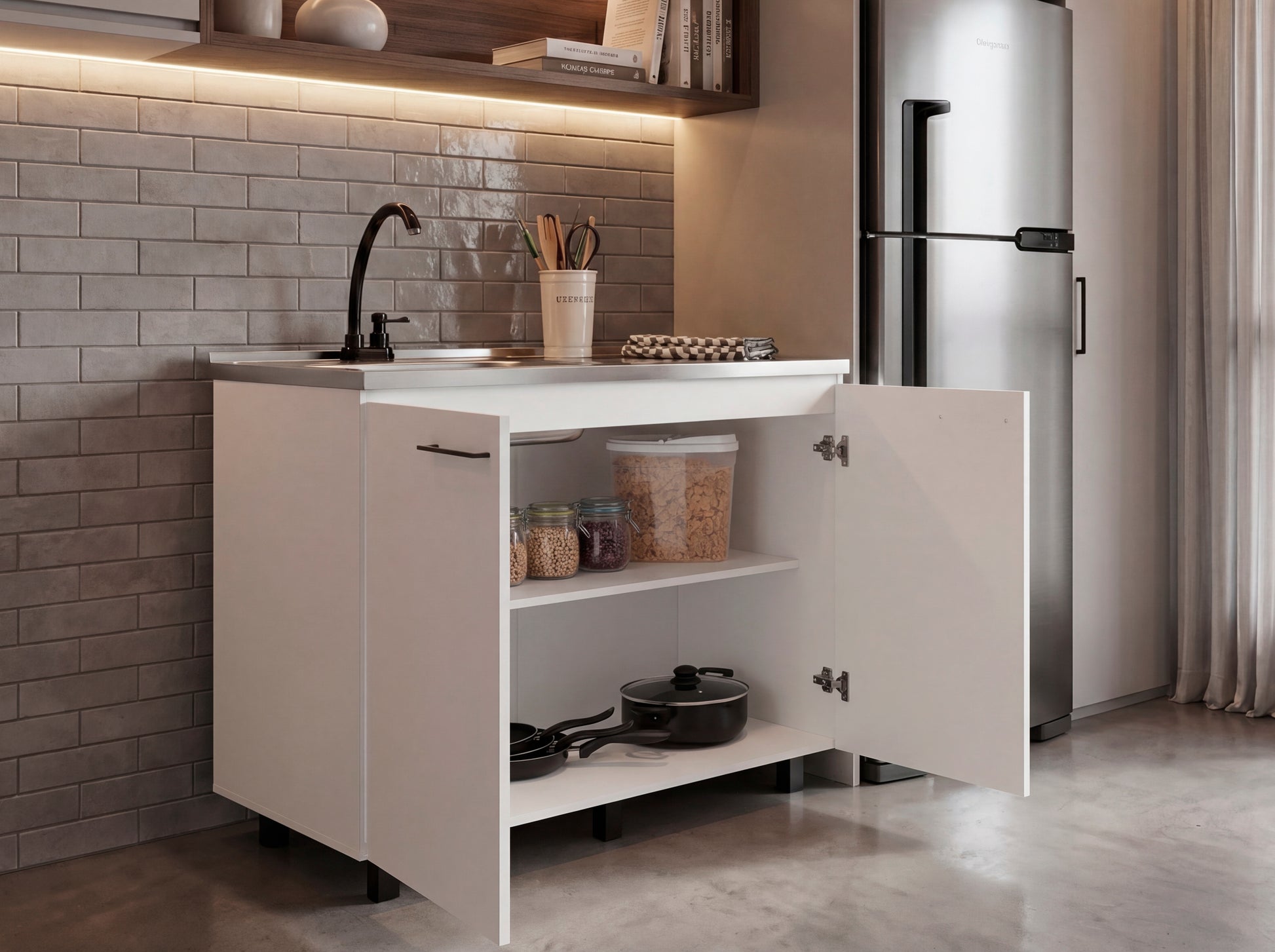 White Particle Board Utility Sink Cabinet for Kitchen Storage
