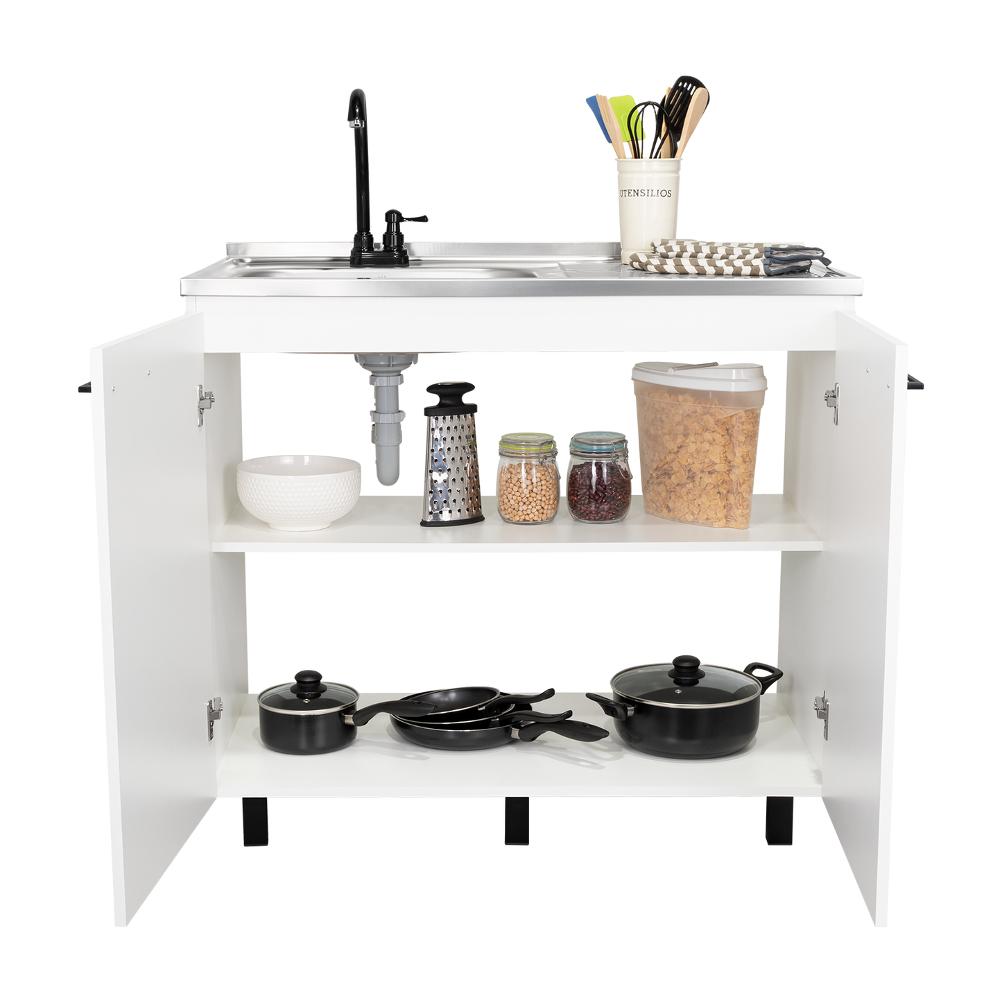 White Particle Board Utility Sink Cabinet for Kitchen Storage