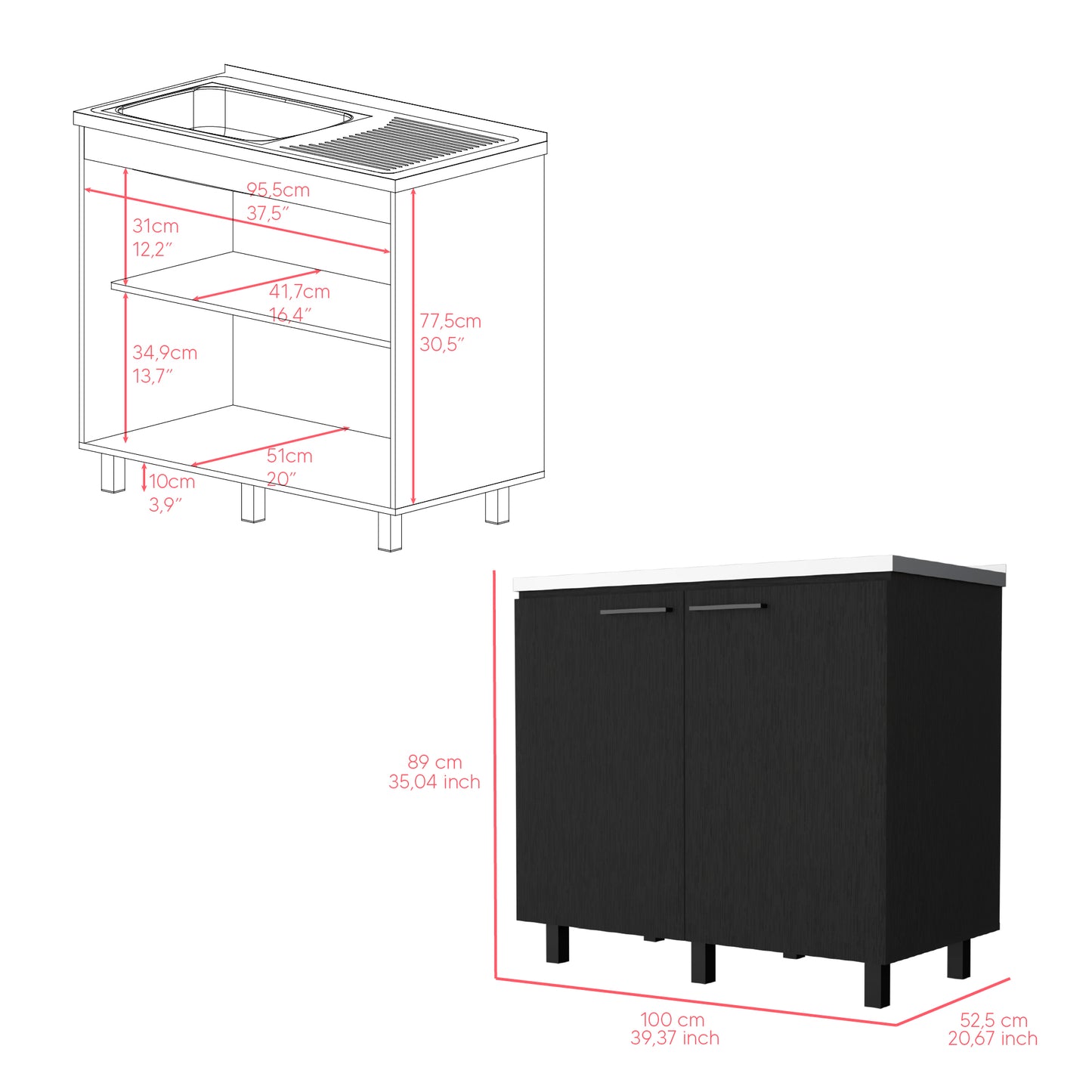 Burwood Utility Sink Cabinet - Black Particle Board Kitchen Storage