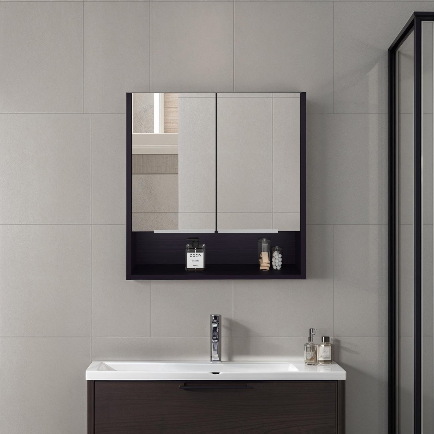 Medicine Cabinet, One Open Shelf, Three Interior Shelves, Black