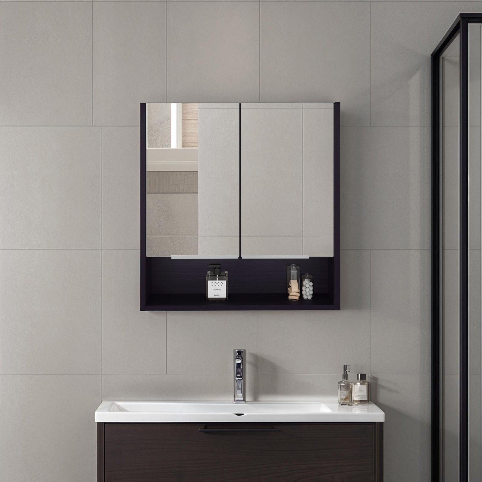Medicine Cabinet, One Open Shelf, Three Interior Shelves, Black