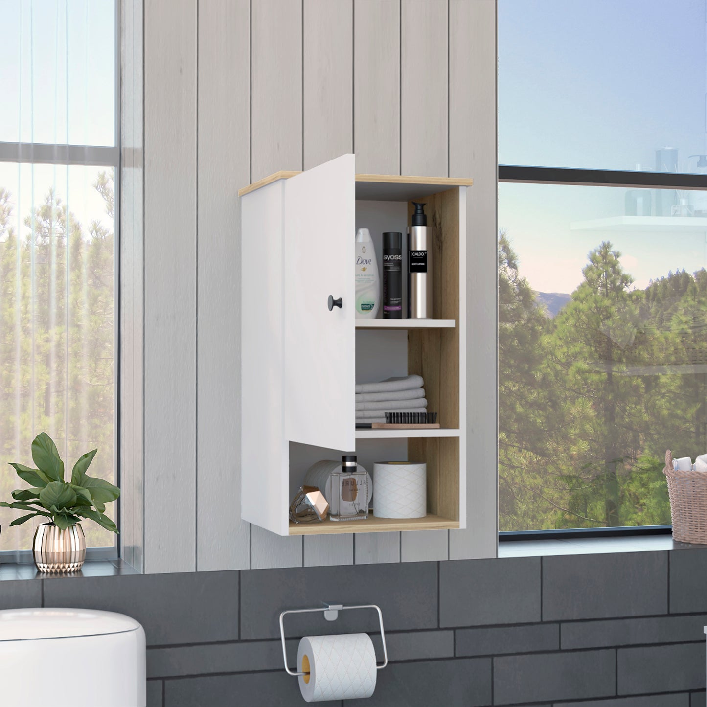 Medicine Single Door Cabinet 28" H, One Shelf, Two Interior Shelves, Light Oak / White