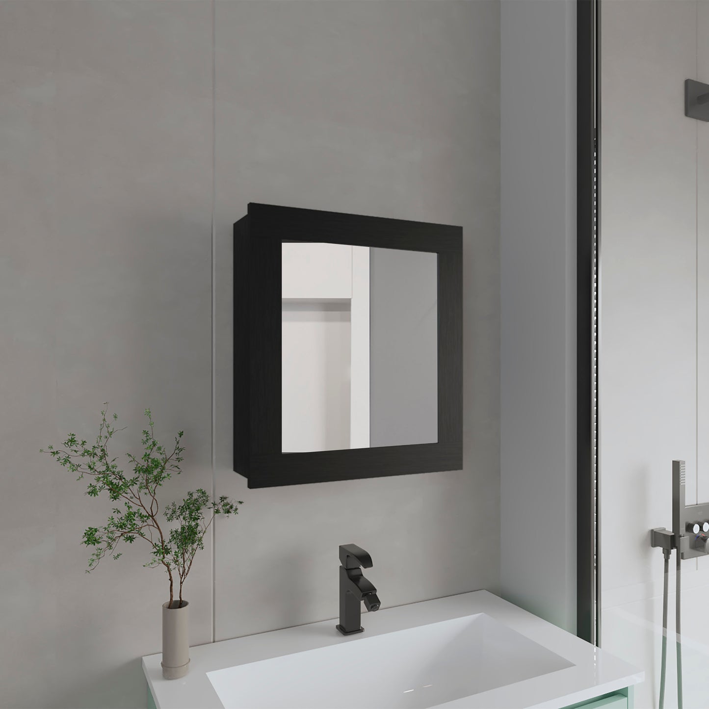 Medicine Cabinet 20.5" H, with 2 Shelves, 1 Door, and 1 Mirror, Black