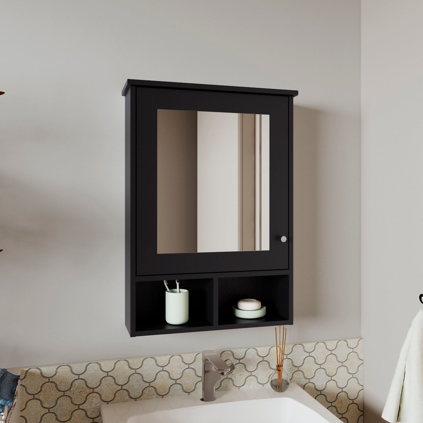 Medicine Cabinet 29" H, with 5 Shelves, 1 Door, and 1 Mirror, Black