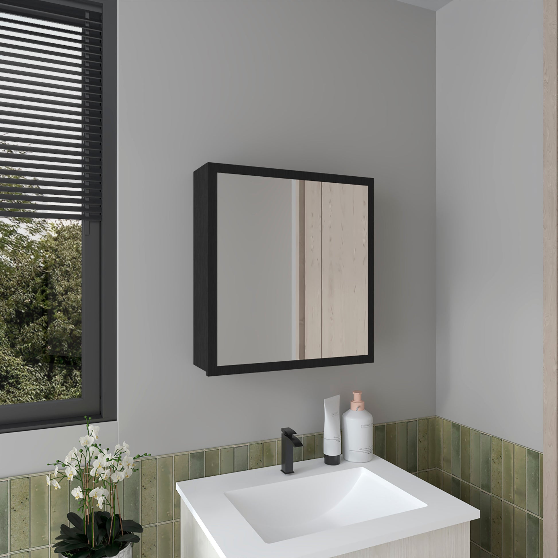 Medicine Cabinet 21.1" H, 1 Door, 4 Shelves, 1 Mirror, Black