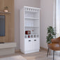 70"H Bar Cabinet with Wine Rack, Upper Glass Cabinet, three Open Storage Shelves and One Cabinet,White