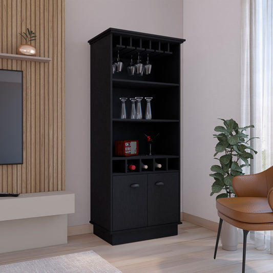 Bar Cabinet 70"H  with Wine Rack, Upper Glass Cabinet, three Open Storage Shelves and One Cabinet,Black