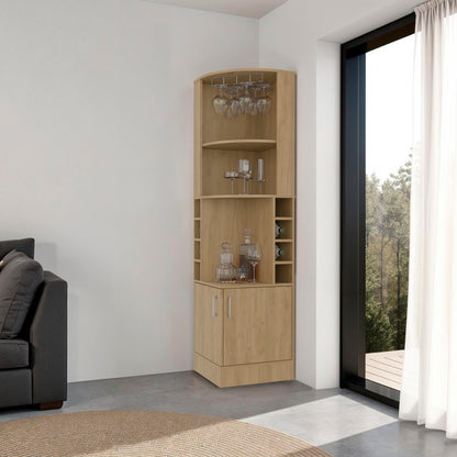 Cairo Corner Bar Cabinet with Double Door Cabinet, Glass Rack, Eight Built-in Wine Rack, Natural Oak