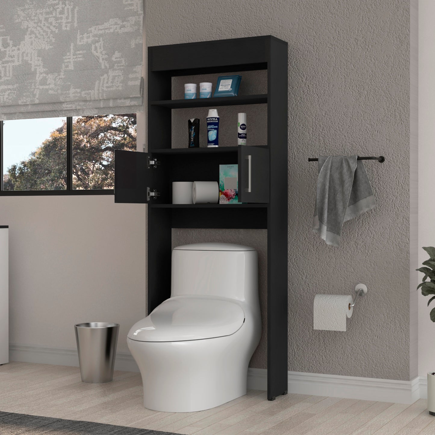 Black Over-the-Toilet Cabinet - 2 Doors, 3 Shelves for Bathroom