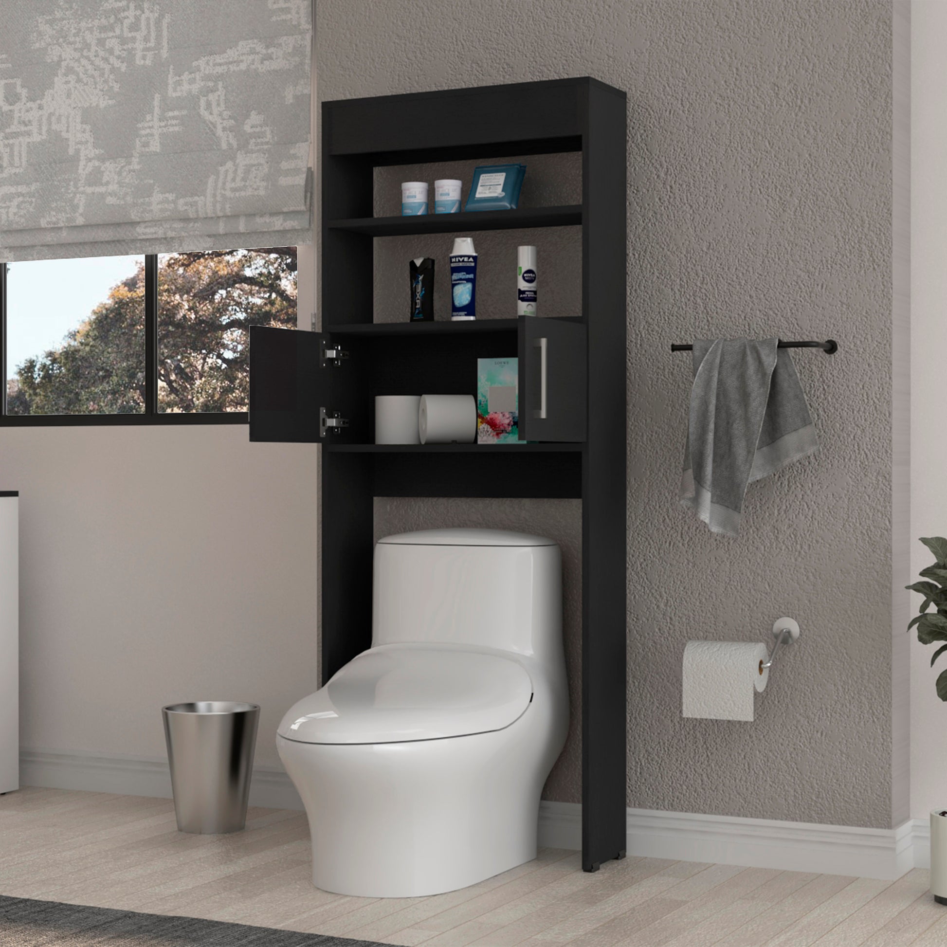Black Over-the-Toilet Cabinet - 2 Doors, 3 Shelves for Bathroom