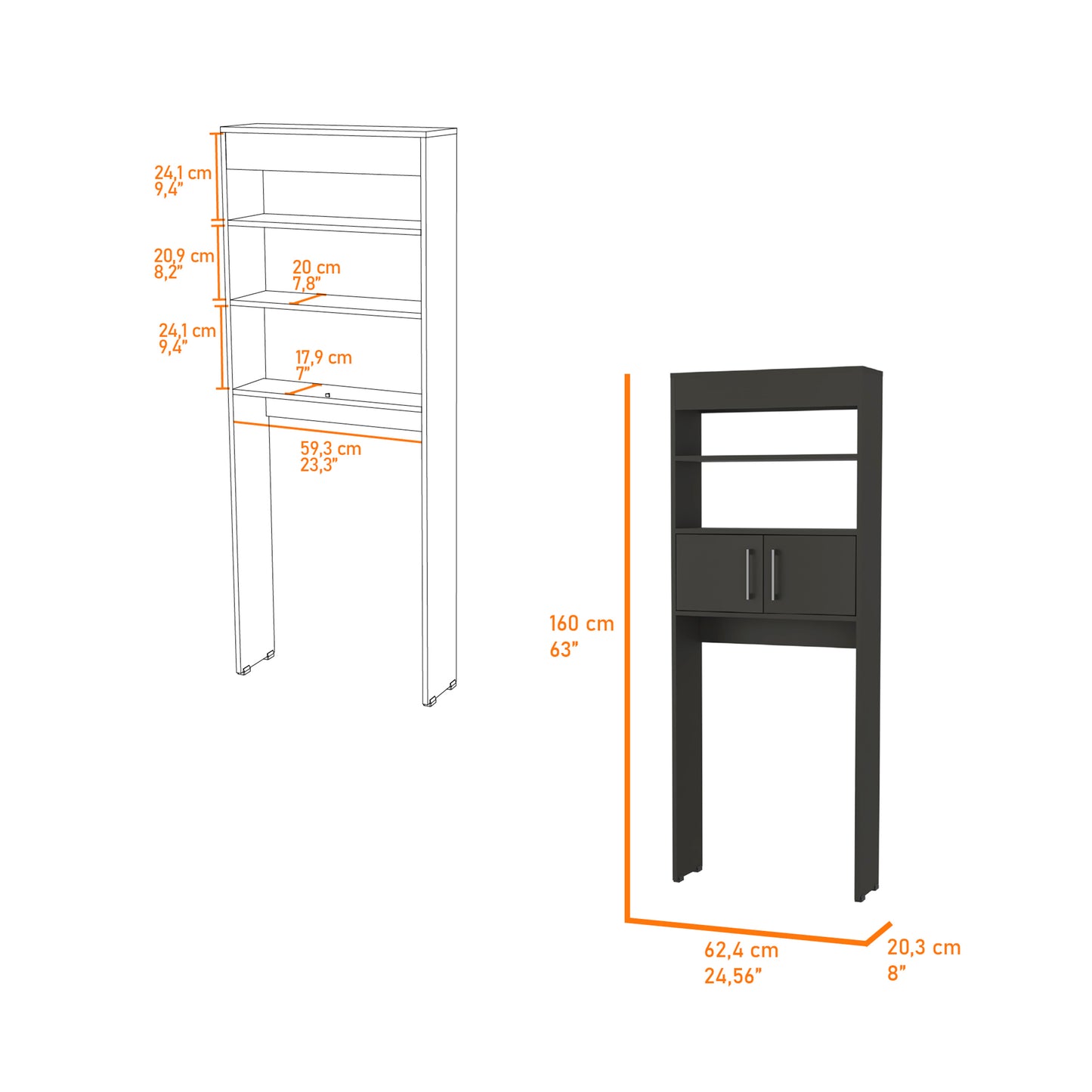 Black Over-the-Toilet Cabinet - 2 Doors, 3 Shelves for Bathroom
