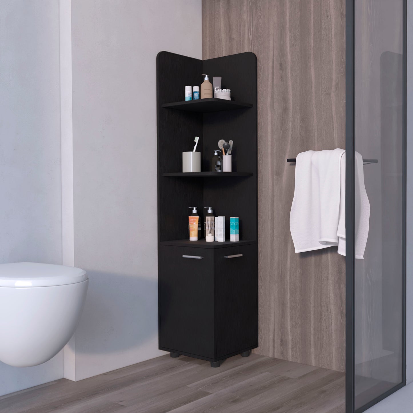 Sunriver Corner Shelf with Cabinet, 3-Tier Shelf, Metal Handles