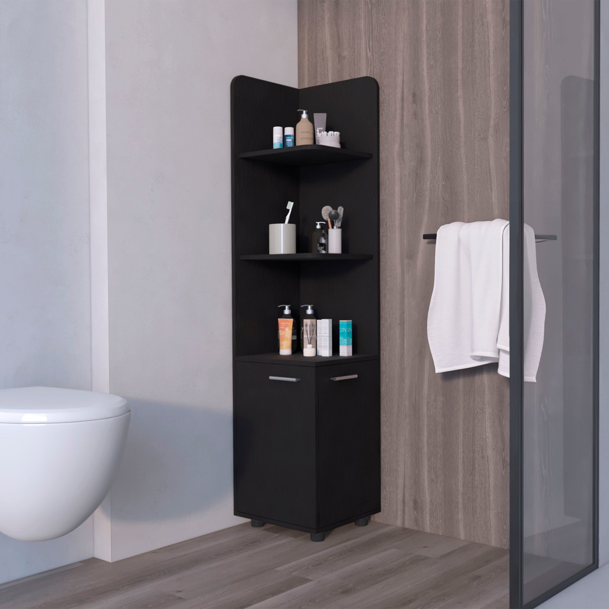 Sunriver Corner Shelf with Cabinet, 3-Tier Shelf, Metal Handles